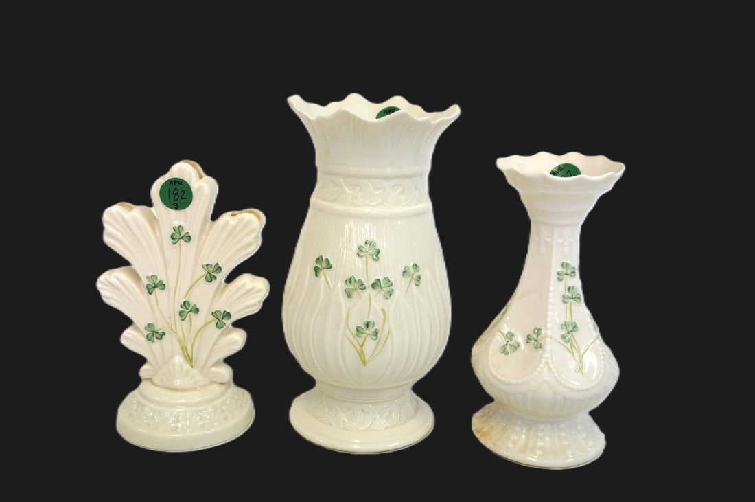 BELLEEK IRISH SHAMROCK PORCELAIN VASES - 3 PIECES (1 of 3)