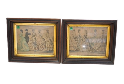PAIR OF ANTIQUE GODEY'S VICTORIAN FRAMED LADIES FASHION PLATES