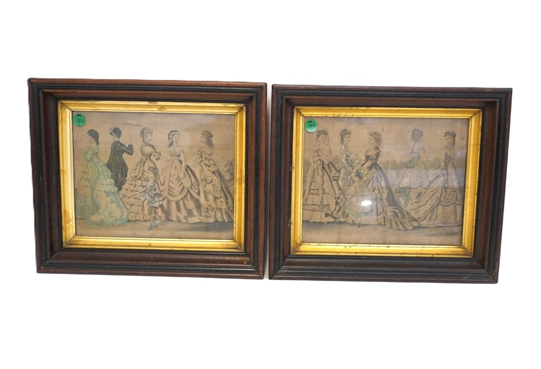 PAIR OF ANTIQUE GODEY'S VICTORIAN FRAMED LADIES FASHION PLATES: Pair of Framed Antique Godey's Victorian Framed Ladies Fashion Plates. Each measures approx. 13.25" x 11.5" x 2.5". Total lot weight is 3 lbs 6 oz. PROVENANCE:The Historic 1798 John Burckmeyer House,