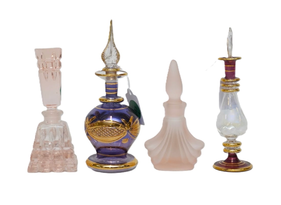 4 VINTAGE PERFUME BOTTLES - SILVESTRI, EGYPTIAN GLASS, AND PINK CRYSTAL (1 of 2)