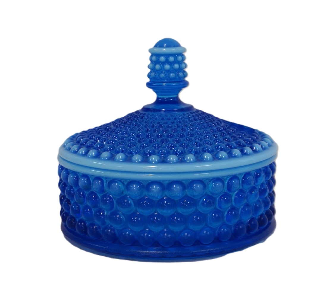 WESTMORELAND AMERICAN BLUE HOBNAIL CANDY DISH / POWDER BOX: Stunning Westmoreland Covered Candy Dish / Powder Box Pattern #77 American Hobnail in Brandywine Blue Opalescent. Measures 5"x5"x4 1/2" Weight 1 lb 9 oz. **In house shipping available on this lot** If