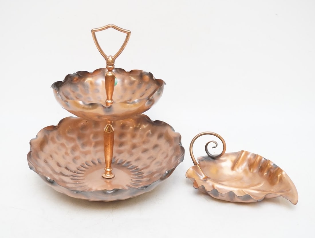 SOLID COPPER LEAF TRINKET DISH AND TWO TIER TRAY: Solid Copper Leaf Trinket Dish and Two Tiered Tray. Both Produced by Gregorian and made in the US. Tray measures approx. 10.5" and 9" in dia. total lot weight is 1 lb 8 oz. **In house shipping