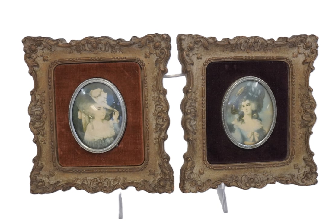 2 CAMEO CREATIONS ORNATE OVAL PRINTS - ELIZABETH DUCHESS OF DEVONSHIRE AND LADY SHEFFIELD: Pair of Ornate Cameo Creations Prints covered in convex glass and mounted on velvet. Frames are made from a heavy resin. Each measures approx. 7" x 8" x 1" and weighs 1 lb 15 oz. **In house shipping
