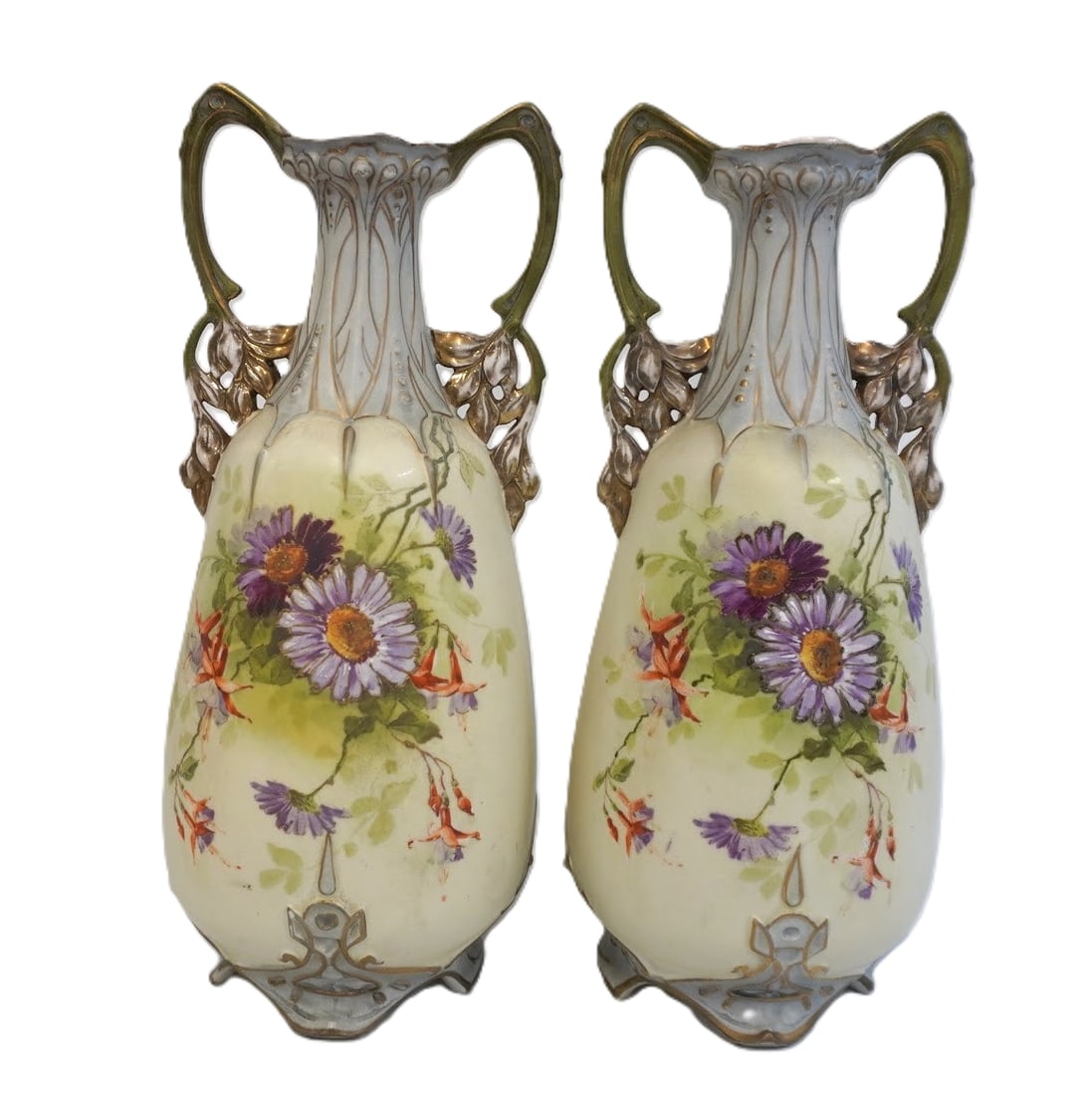 MATCHED PAIR TALL ART NOUVEAU AUSTRIAN VASES: Matched Pair of Art Nouveau Jugendstil Hand Painted Tall Porcelain Vases.Reticulated Gilt Handles and Hand Painted Florals. Each 6"x6"x15" tall. Weight combined 5 lbs 6 oz. PROVENANCE:The Historic