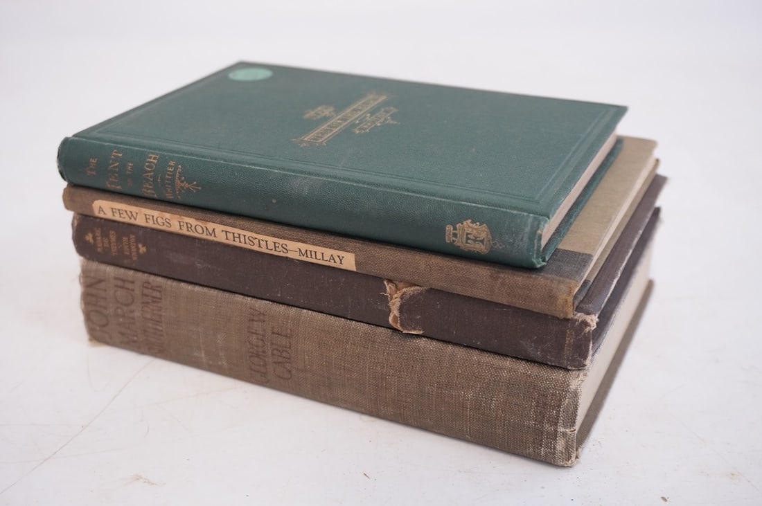 LOT OF 4 ANTIQUE BOOKS - WHITTIER, CABLE, MILLARY, AND WHARTON: Lot of 4 Antique Books. This lot includes: Madame De Treymes by Edith Wharton, The Trenton on The Beach by Whittier, A Few Figs From Thistles by Edna St. Vincent Millay, John Match Southerner by