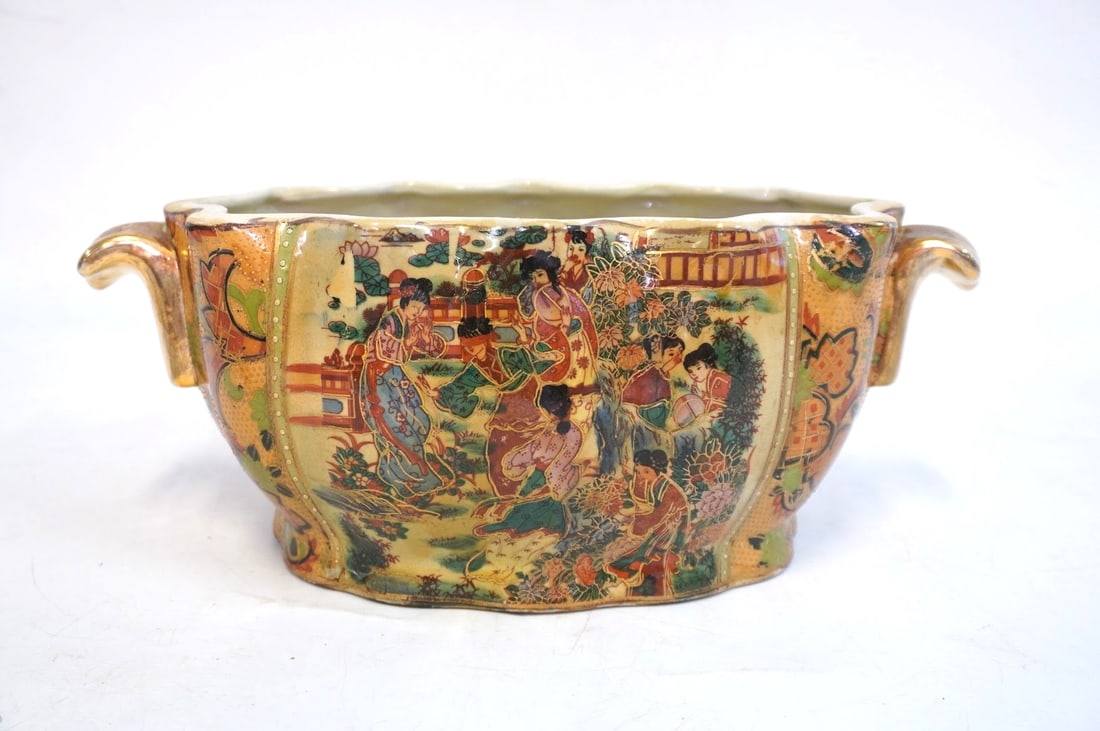 VINTAGE CHINESE PORCELAIN JARDINIERE / PLANTER: Vintage Chinese Porcelain Hand Painted with Gilt Accents Jardiniere / Planter with Mark for Zhongguo Zhi Zao - China Made. Measures 13 1/2"x7 1/2"x5 1/3". Weight 4 lbs 6 oz. PROVENANCE:The Historic