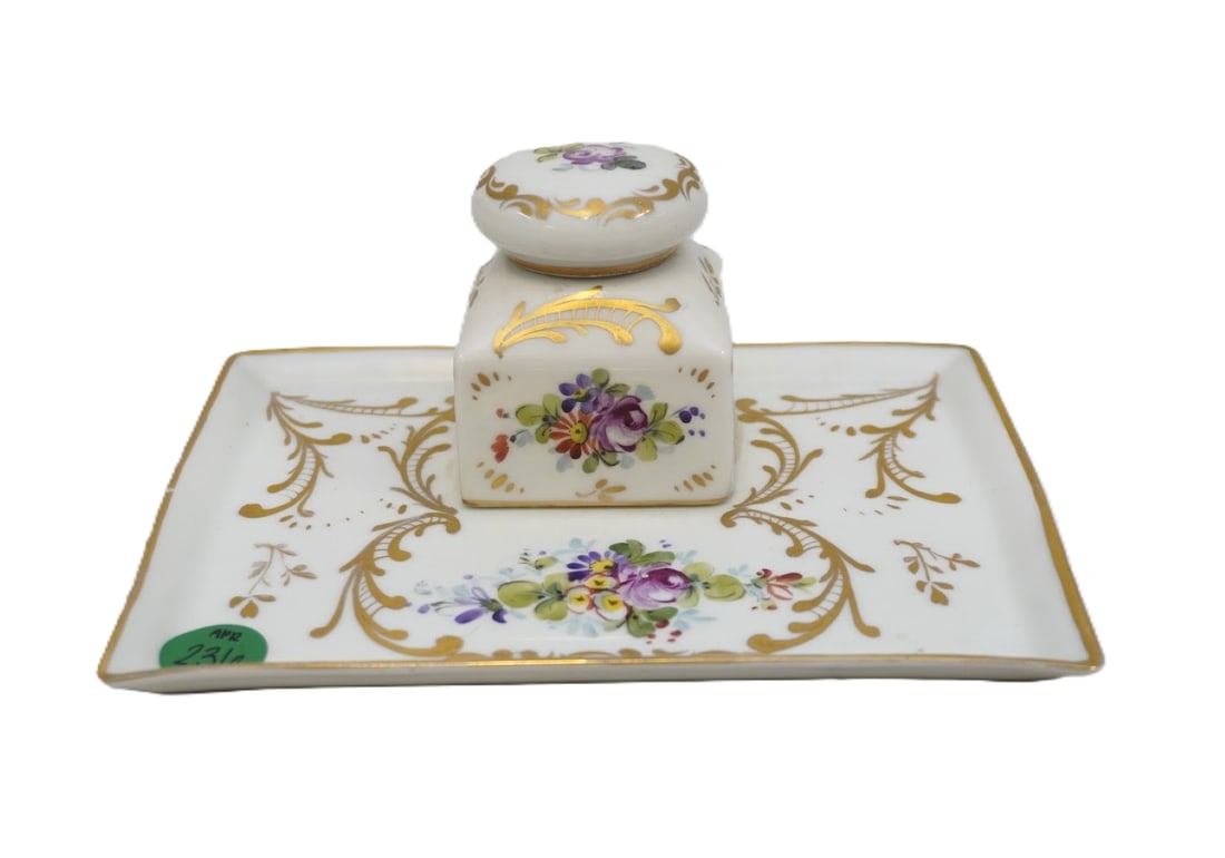 GUERIN LIMOGES FRENCH PORCELAIN INKWELL TRAY: Guerin Limoges French Porcelain Inkwell Tray. Measures approx. 2.5" x 7" x 5.25" and weighs 10.4 oz. **In house shipping available on this lot** If you win this lot, please select self arranged for