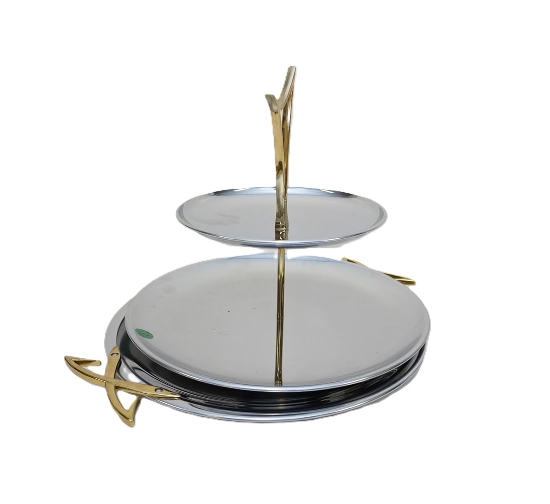 MCM VINTAGE KROMEX 2 TIER SERVING DISH AND ROUND PLATTER: MCM Vintage Kromex 2 Tier Serving Dish and Round Serving Platter. 2 Tier Serving Dish measures approx. 11.5" x 12.25" dia. and platter measures 15.5" x 13.5', total lot weight is 4 lbs. **In house