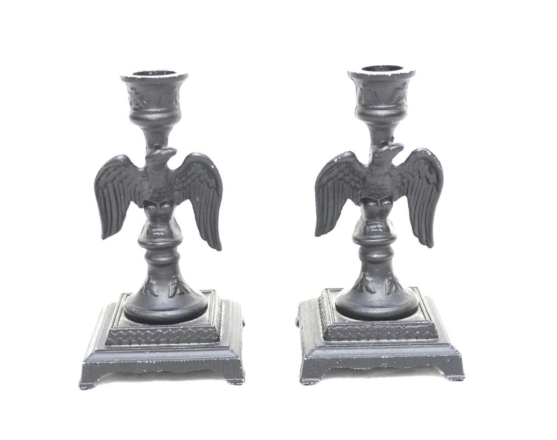 VINTAGE EMIG CAST IRON FLYING EAGLE CANDLESTICK HOLDERS: Pair of Vintage Emig Cast Iron Flying Eagle Candlestick Holders. Each measures approx. 6.25" x 3.5" x 3.5" and weighs 1 lb 1.3 oz. **In house shipping available on this lot** If you win this lot, plea