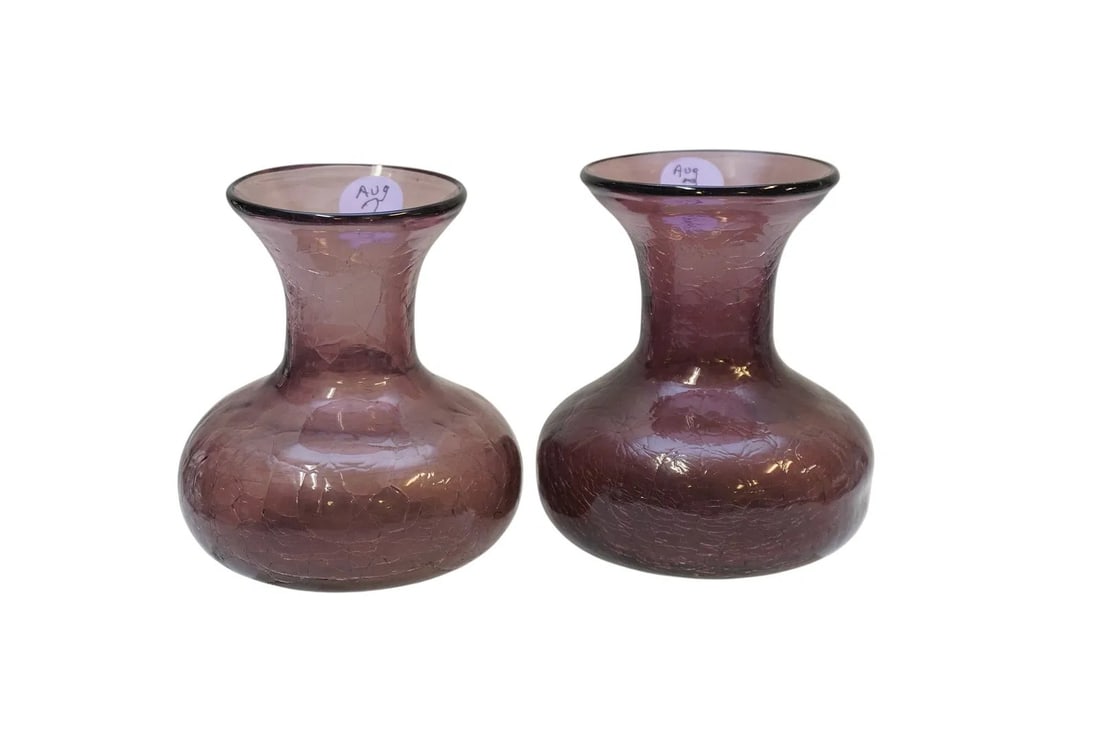 2 MCM HAND BLOWN AMETHYST VASES: 2 MCM Hand Blown Amethyst Crackle Vases. Each 3.75"x3.75"x4 1/2". Weight 1 lb 6 oz. PROVENANCE: Willtown Plantation, Willtown Bluff, Adams Run SC **In house shipping available on this lot** If you win