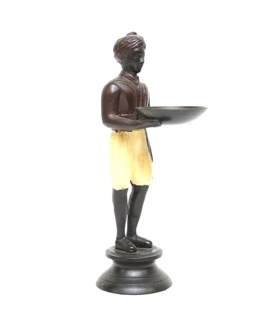 VINTAGE COLD PAINTED NUBIAN STATUE WITH BOWL: Vintage Cold Painted Nubian Statue Holding a Bowl. Perfect for business cards etc. Measures 3"x4 1/2"x10 1/2". Weight 2 lbs 4 oz **In house shipping available on this lot** If you win this lot, please