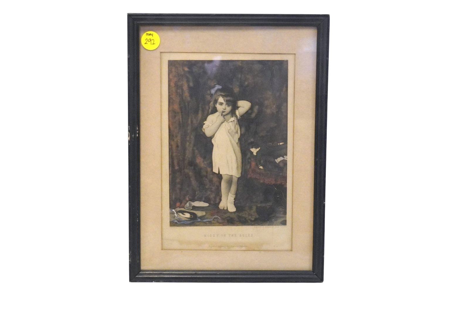 MISSY IN THE SULKS ANTIQUE COLORED FRAMED ENGRAVING: Missy in The Sulks Antique Colored Framed Engraving. Measures approx. 8.5" x 11.25" and weighs 12 oz.. **In house shipping available on this lot** If you win this lot, please select self arranged for 