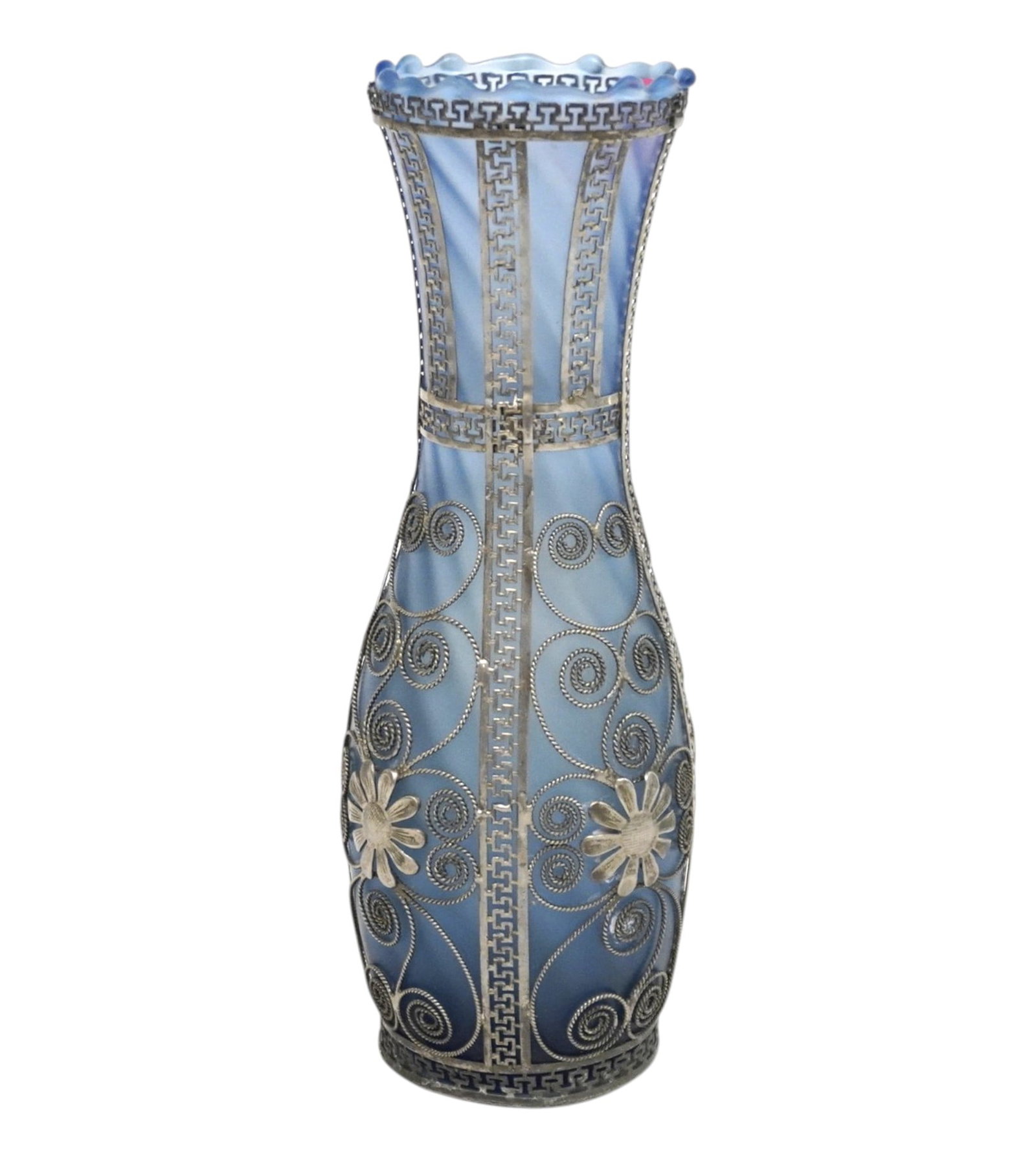 SILVER FILIGREE OVERLAY ON BLUE GLASS (1 of 3)