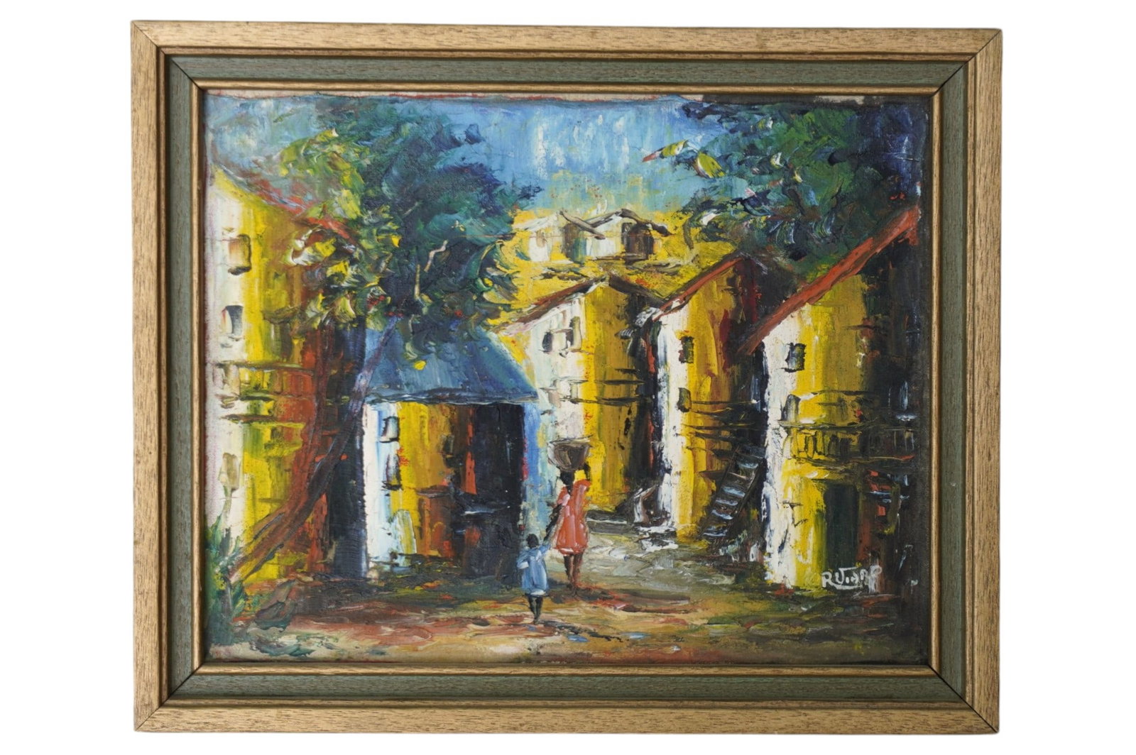 MID CENTURY VILLAGE OIL ON BOARD SIGNED R. VIARO: Vintage Mid Century Oil on Masonite c 1960.. Village scene signed R. Viaro. Framed. In frame 12"x9 3/4"x3/4". Weight 1 lb. **In house shipping available on this lot** If you win this lot, please selec