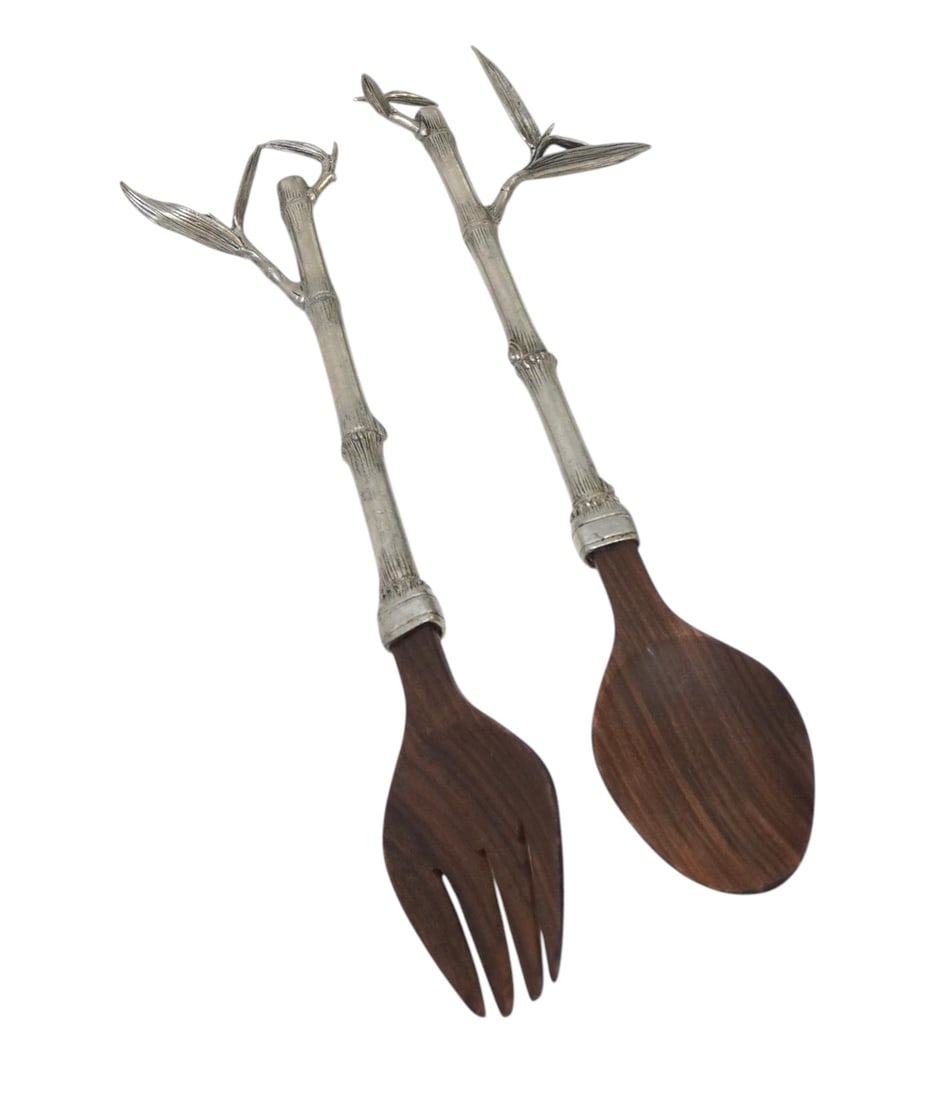 PEWTER HANDLE BAMBOO SALAD SERVING SET: Figural Bamboo Pewter Handle Salad Serving Set. Each 12". Weight 12 oz. **In house shipping available on this lot** If you win this lot, please select self arranged for in house shipping when paying**