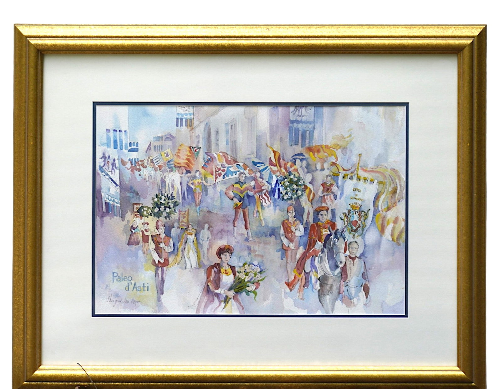 MARGARET HALL HOYBACH WATERCOLOR ITALY FRAMED: Original Margaret Hall Hoybach Watercolor "Paleo d'Asti". A traditional Italian festival of medieval origin in Asti, Itay. Professionally framed and matted. In frame 33.75 x 26.5 x 1.5"/ Image 22 x 15