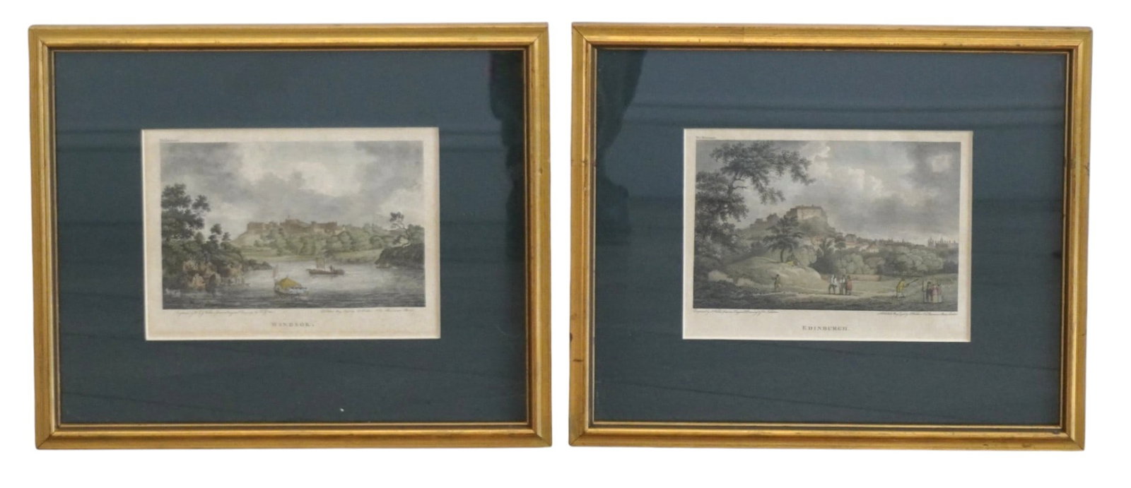 2 HAND COLORED ANTIQUE ENGRAVINGS WINDSOR CASTLE & EDINBURGH: Two (2) Hand Colored Copperplate Engravings. Edinburgh by Nicholson and Windsor Castle by Girtin. Professionally framed in matching gilt wood frames and green mats. Each 13"x11"x1/2". Weight combined 