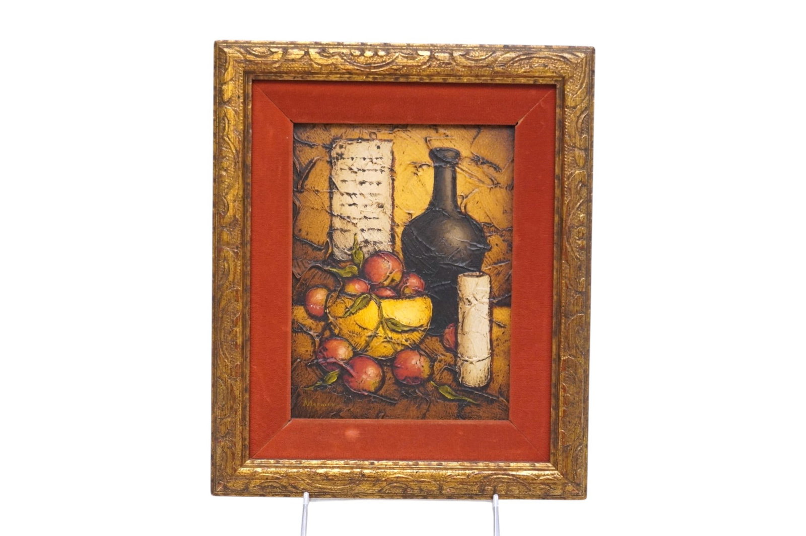 MID CENTURY IMPASTO OIL ON BOARD STILL LIFE: Mid Century Impasto Oil on Board Still Life Signed lower left, signature illegible. In gilt wood frame with velvet liner. In frame 11 3/4"x9 3/4"x1". Weight 1 lb. **In house shipping available on this