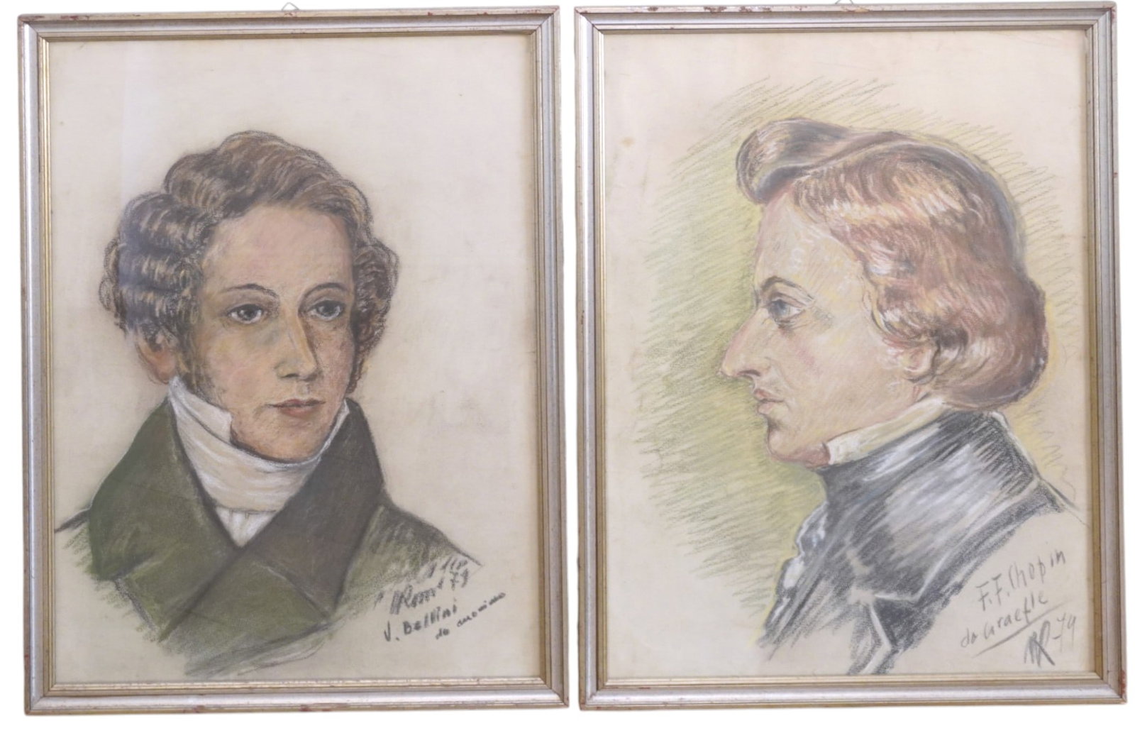 2 VINTAGE FRAMED PASTEL PORTRAITS CHOPIN & BELLINI: 2 Vintage Composers Pastel Portraits Bellini and Chopin. In matching frames under glass. Each 21 1/2"x29 1/2"x1". Weight 7 lbs **In house shipping available on this lot** If you win this lot, please s