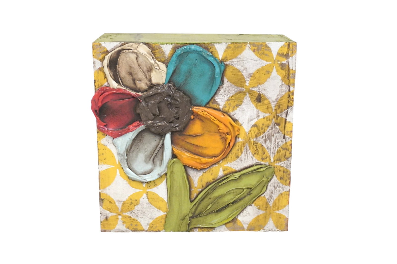 MIXED MEDIA ART WITH THICK IMPASTO FLOWER ON WOOD: Mixed Media Painting on Wood Block with Thick Impasto Flower. Signed on side. Measures 8"x8"x3 1/2". Weight 1 lb 10 oz. **In house shipping available on this lot** If you win this lot, please select s