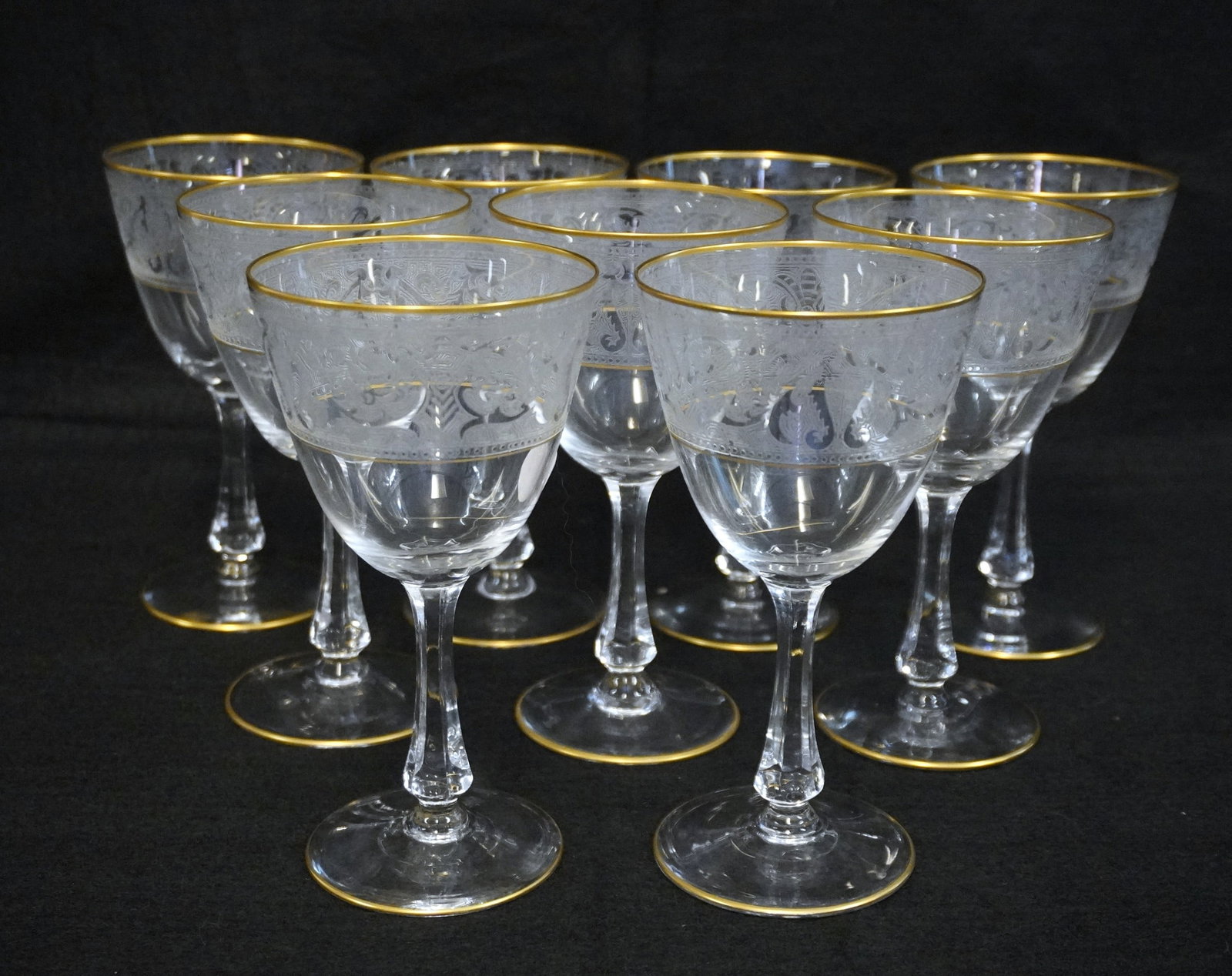 9 VINTAGE GLASTONBURY BROCADE ETCHED WATER GOBLETS (1 of 2)