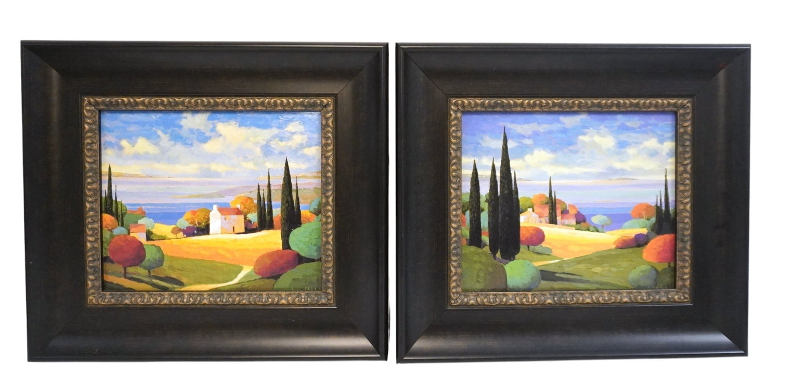 PAIR MAXWELL "MAX" HAYSLETTE ENHANCED GICLEES: Pair of Maxwell "Max" Hayslette (1929-2024) Enhanced Giclees on Board , Both signed lower right, both depicting landscapes titled Provence by the Sea and Lark Manor. Professionally framed in matching 