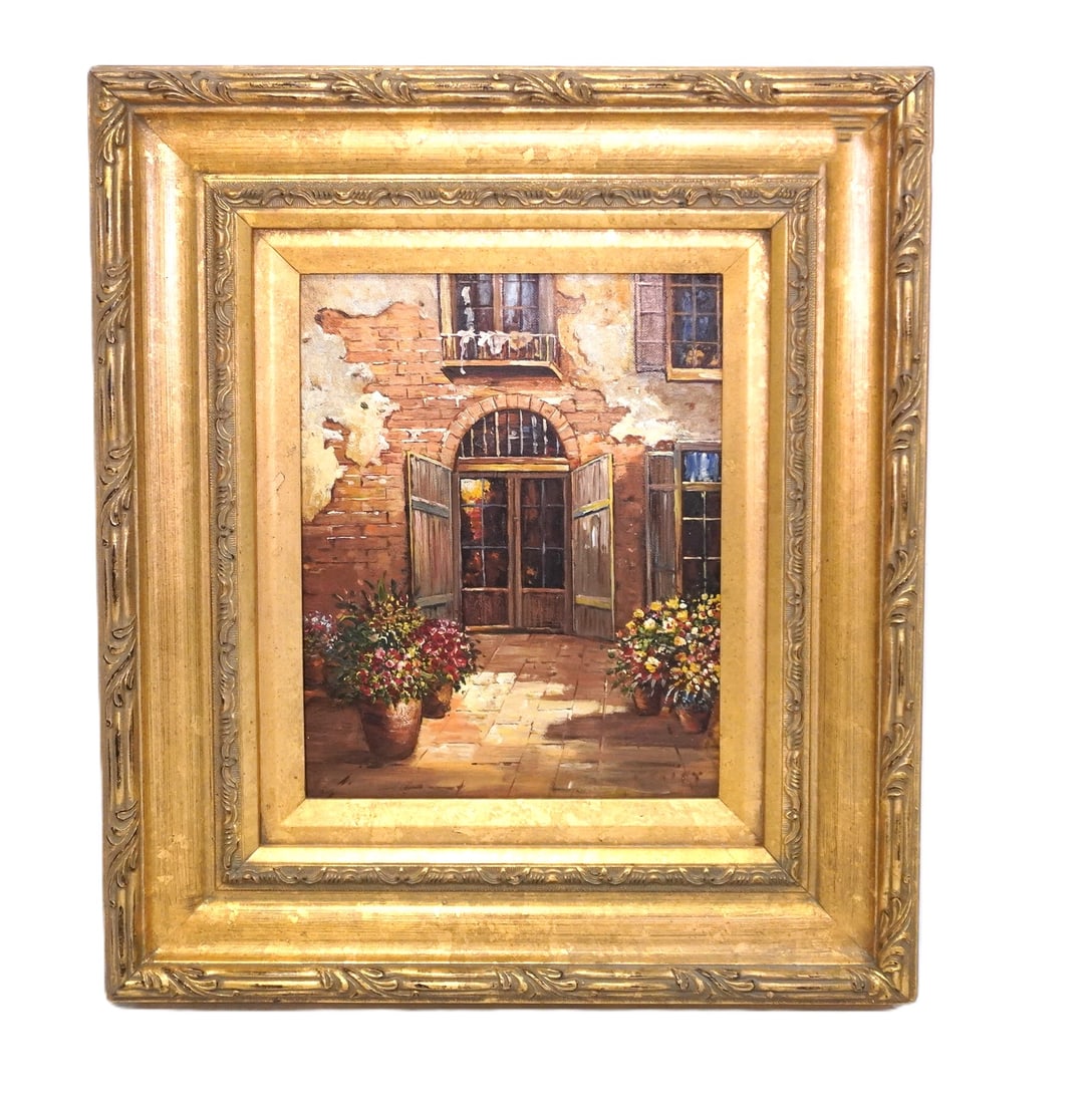 SUMMER COURTYARD OI ON CANVAS - CORLEY: Summer Courtyard Oil on Canvas in Giltwood Frame. Signed lower right Corley. Gallery label on back. In frame measures 15 1/2"x16 1/2"x1 3/4". Weight 3 lbs 6 oz **In house shipping available on this lo
