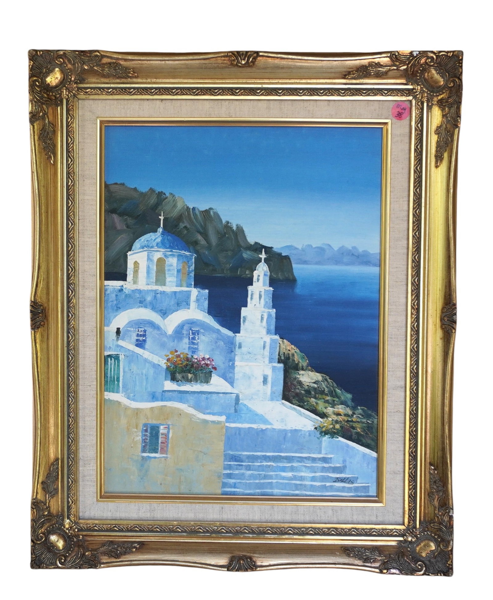 OIL ON CANVAS SANTORINI GREECE SIGNED BY BILLIS: Oil on Canvas Santorini Greece signed Billis in lower right. Professionally framed and matted in gilt frame with linen liner. Measures 17 1/2"x21 1/2"x 2". Weight 4 lbs **In house shipping available o