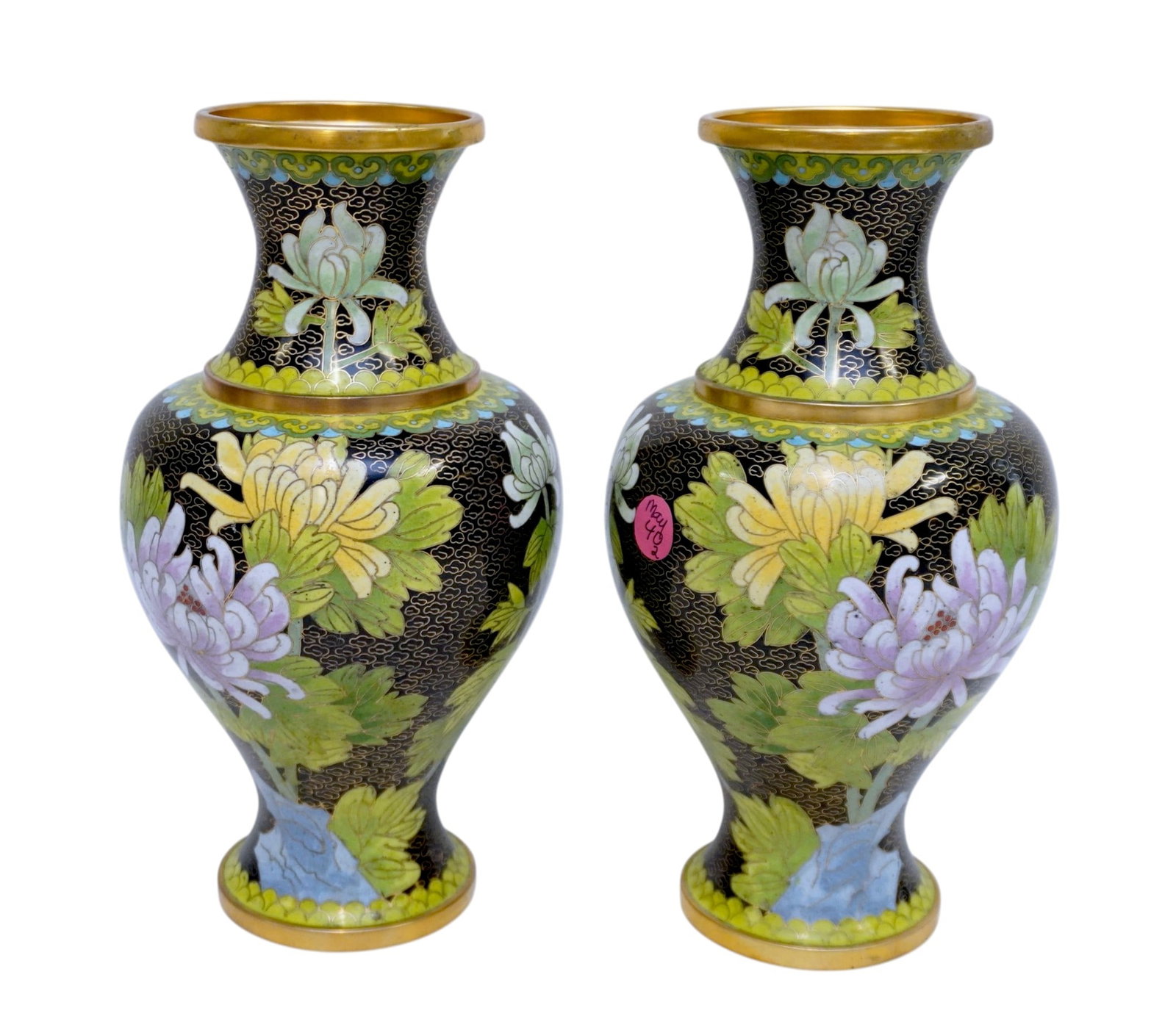 MATCHED PAIR OF CHINESE CLOISONNE MUMS & BUTTERFLIES VASES: Matched Pair of Vintage Chinese Cloisonne Black Floral & Butterfly Vases Each 5"x5"x10 1/4". Weight 4 lbs. **In house shipping available on this lot** If you win this lot, please select self arranged 