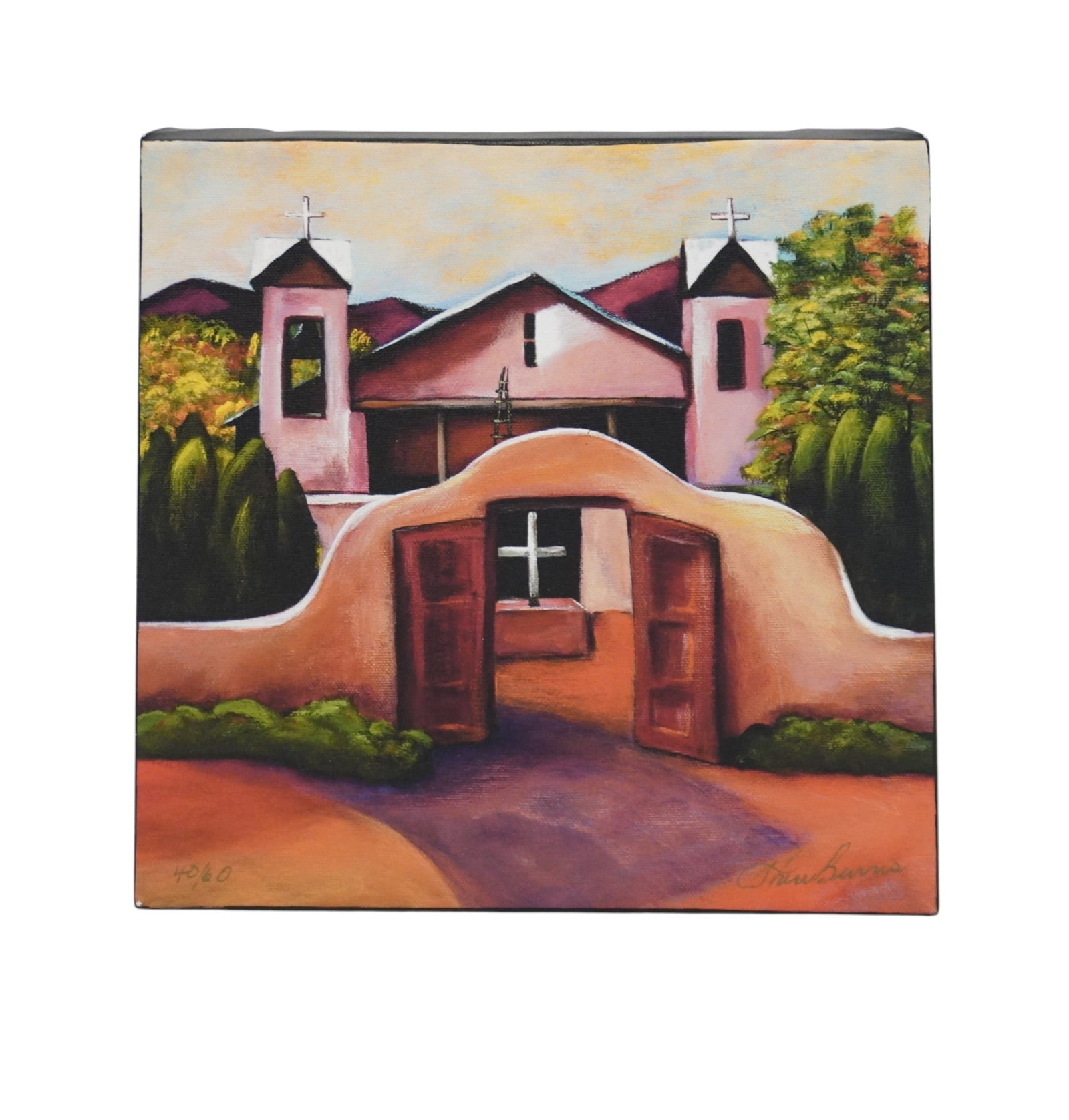 SANTUARIO DE CHIMAYO BY SHERI BURNS GICLEE ON CANVAS: Limited Edition Santuario de Chimayo by Sheri Burns Giclee on Canvas. Measures 10"x10"x1 1/4". Weight 1 lb 5 oz. **In house shipping available on this lot** If you win this lot, please select self arr