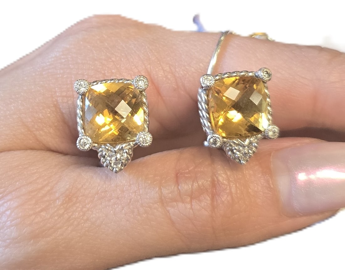 JUDITH RIPKA STERLING SILVER CITRINE EARRINGS: Judith Ripka Sterling Silver Citrine Omega Back Earrings. **In house shipping available on this lot** If you win this lot, please select self arranged for in house shipping when paying**