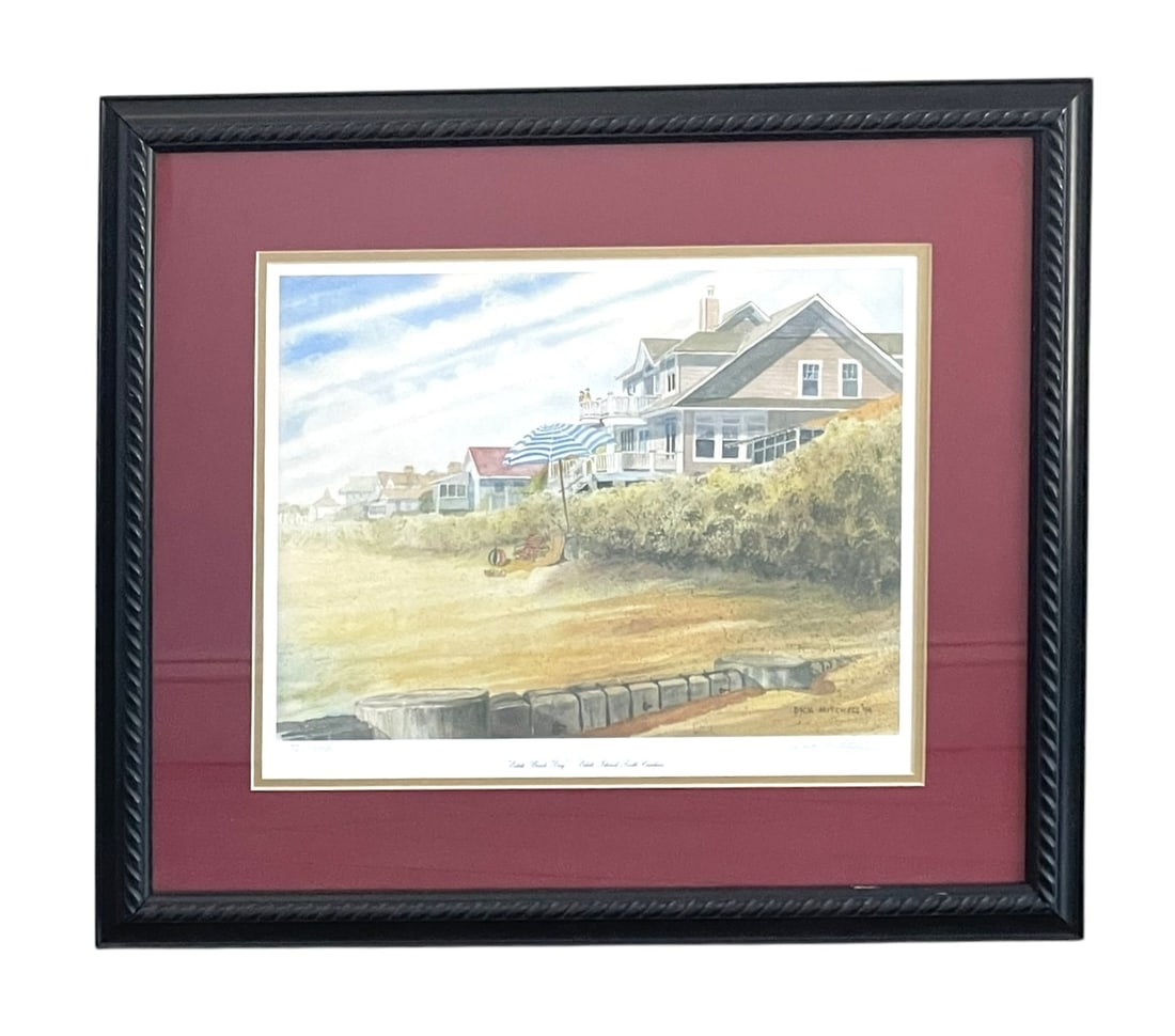 EDISTO BEACH DAY LIMITED EDITION DICK MITCHELL: Limited Edition "Edisto Beach Day" Print, signed and numbered in pencil buy the artist Dick Mitchell. Professionally framed. In frame measures 19"X22"X1". Weight 4 lbs 10 oz. **In house shipping avail