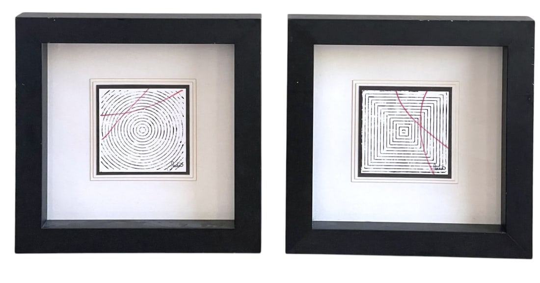 PAIR ABSTRACT SCREEN PRINTS KINDER - HARRIS: Pair of Framed Geometric Abstract Prints in Black and White, disrupted by a red line from Kinder Harris. In matching deep black frames under glass. Each measures approx. 19.5" x 19" x 2.5" and total l
