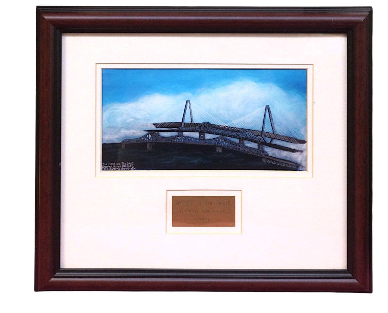 LIMITED EDITION COOPER RIVER BRIDGE KEEPER OF THE LIGHT: Limited Edition Print "Keeper of the Light" by Simone M. Bland, depicts the Cooper River Bridges both old and new. This print is number 220 of only 250 printed. Professionally framed and matted with C