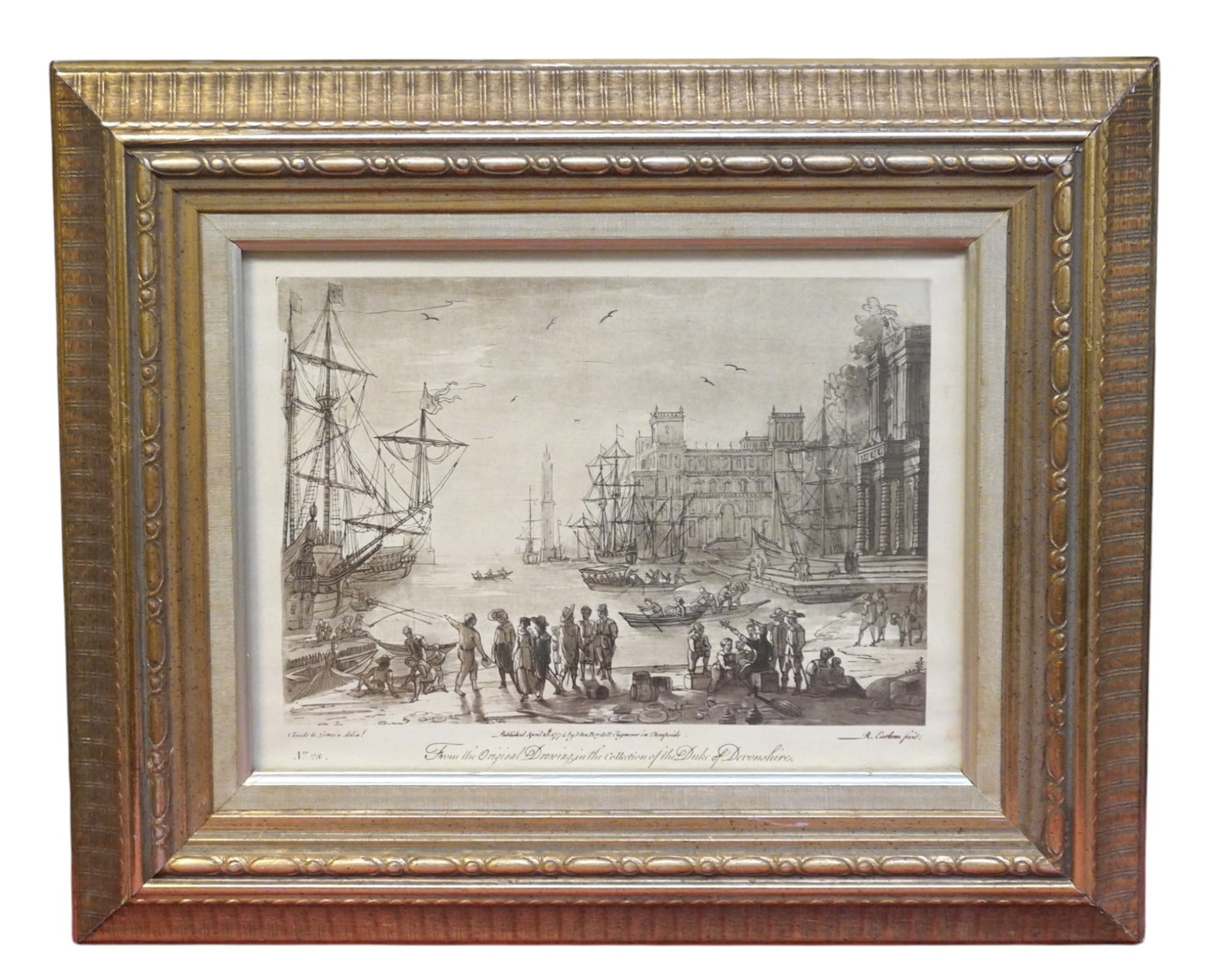 BEAUTIES OF CLAUDE LORRAINE FRAMED ENGRAVING: Beauties of Claude Lorraine Framed Engraving. Published 1774 by John Boydell. Set in a beautiful custom frame. Measures approx. 20" x 17" x 1" and weighs 3 lbs 8 oz.