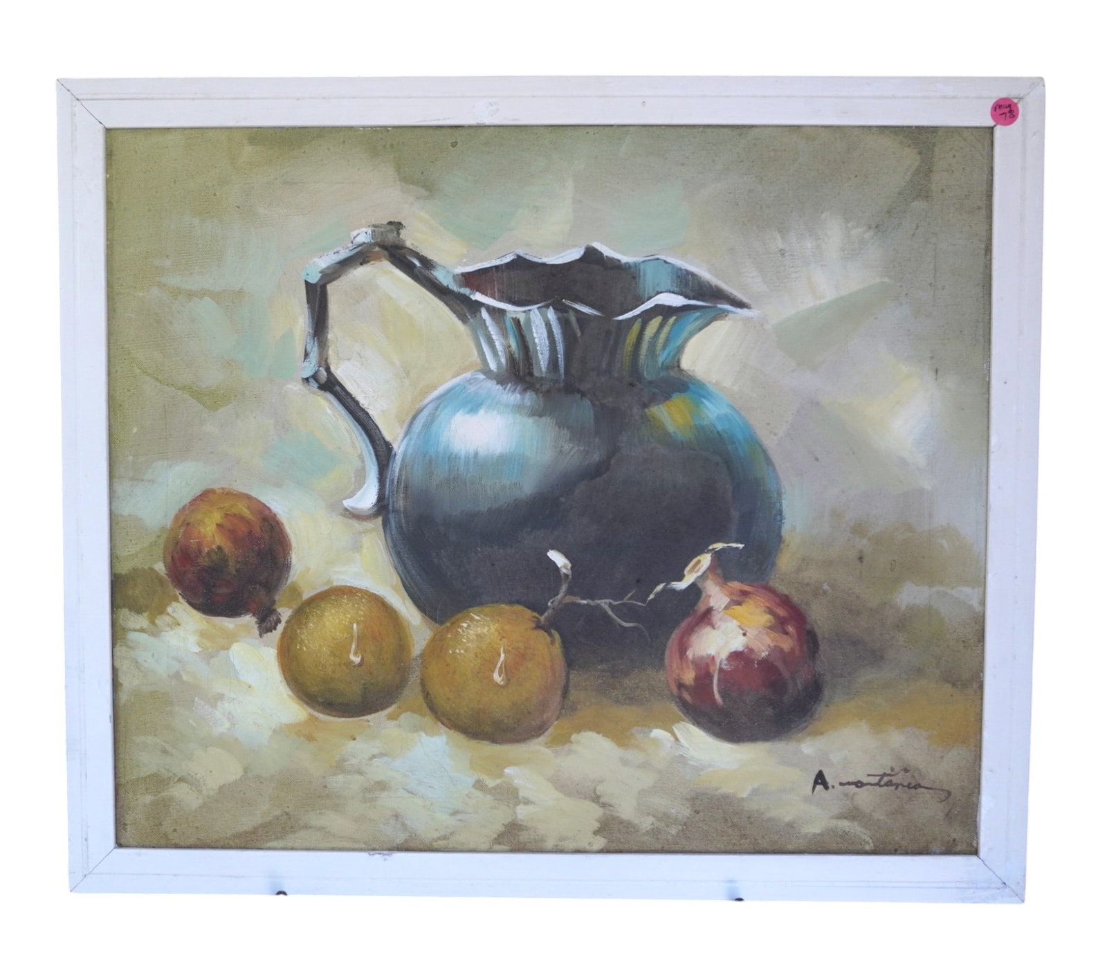 VINTAGE ITALIAN STILL LIFE ON CANVAS: Vintage Italian Still Life on Canvas, signed lower right. Signature illegible. In white frame. In frame measures 22 1/2"x26 1/2"x1". Weight 4 lbs