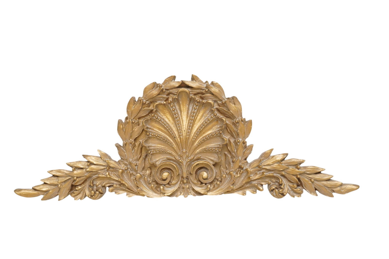ARCHITECTURAL GILT CARVED SHELL AND SCROLL PLAQUE: Vintage Architectural Ornate Shell And Scroll Wall Sculpture Or Plaque- Gilt Shell And Scroll. Measures 21 1/2" long x 1" deep x 7 1/2"tall. Weight 14 oz.
