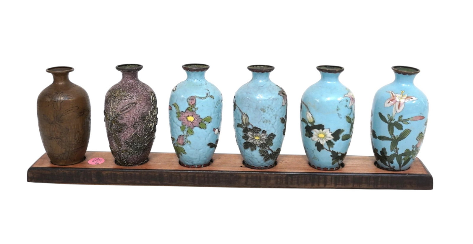 MEIJI ERA 6 PC CLOISONNE PROCESS SET WITH STAND: This six-piece cloisonne process set offers a fascinating glimpse into Meiji craftsmanship. Unlike many incomplete demonstration sets, these pieces are remarkably well preserved and remain in near-pri