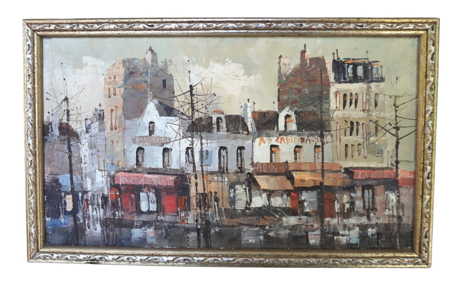MID CENTURY 1968 MONTMARTRE STREET BY MORI: Mid Century Modernist 1968 Impasto Oil on Canvas of a street in Montmarte, Paris, signed Mori and dated 68. Professionally framed. Measures approx. 14" 8.5" x 1.5" and weighs 15 oz. **In house