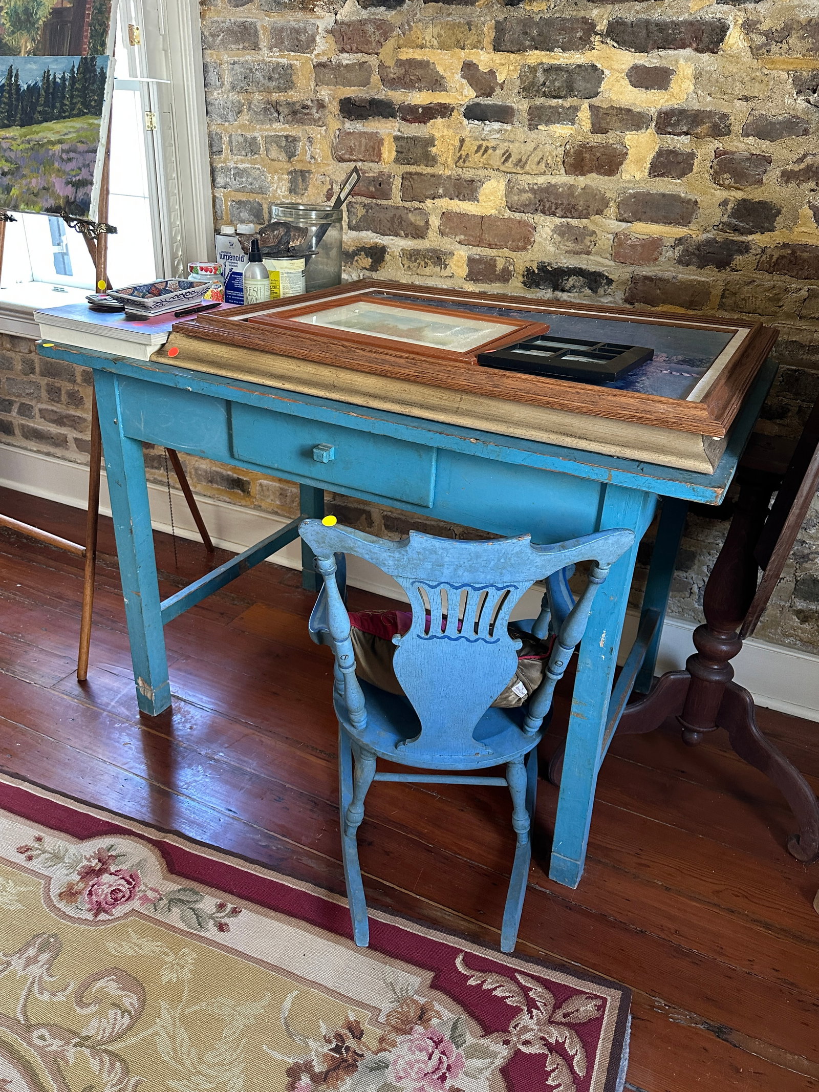 19TH C PRIMITIVE PAINTED BLUE NEW ENGLAND FARM TABLE (1 of 8)