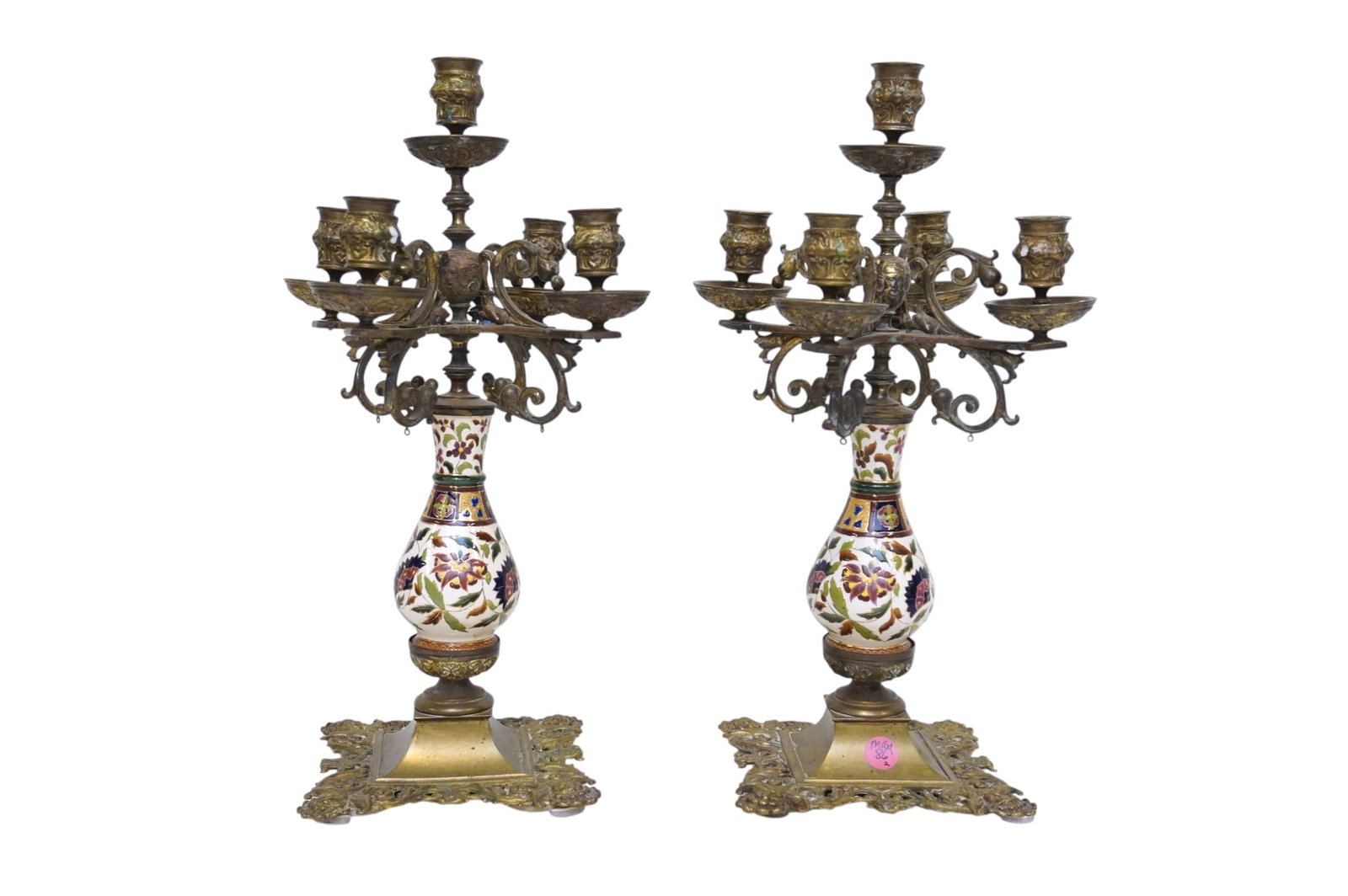 PAIR OF ANTIQUE ORNATE ENAMELED BRONZE CANDELABRA: Matched Pair of Antique 5 Light Bronze & Iznik Style Enamel Candelabra, . Each 8"x8"x15 1/4". Weight combined 11 lbs.**In house shipping available on this lot** If you win this lot, please select self