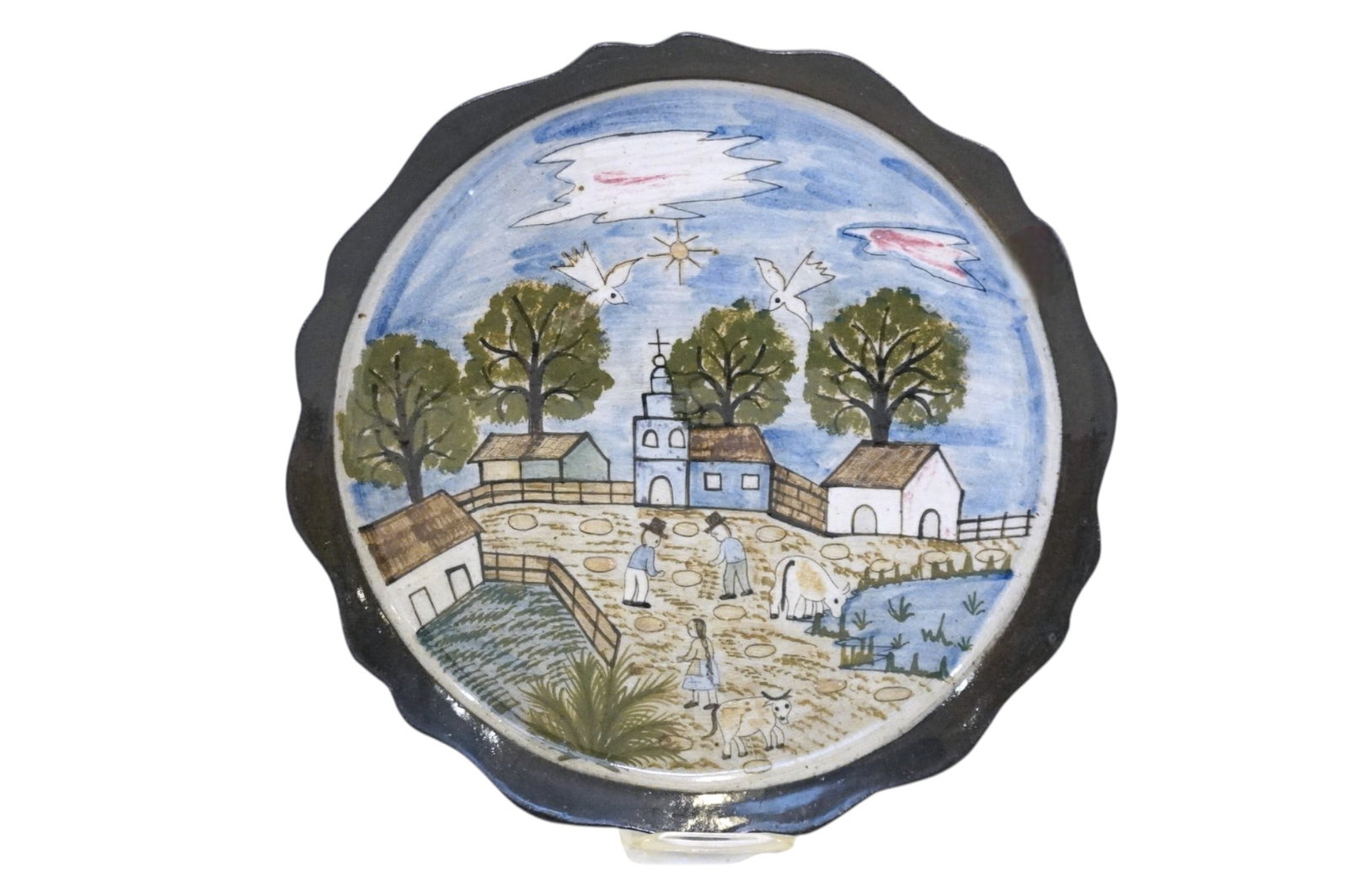 HAND PAINTED REDWARE POTTERY FOLK ART PLATE (1 of 3)