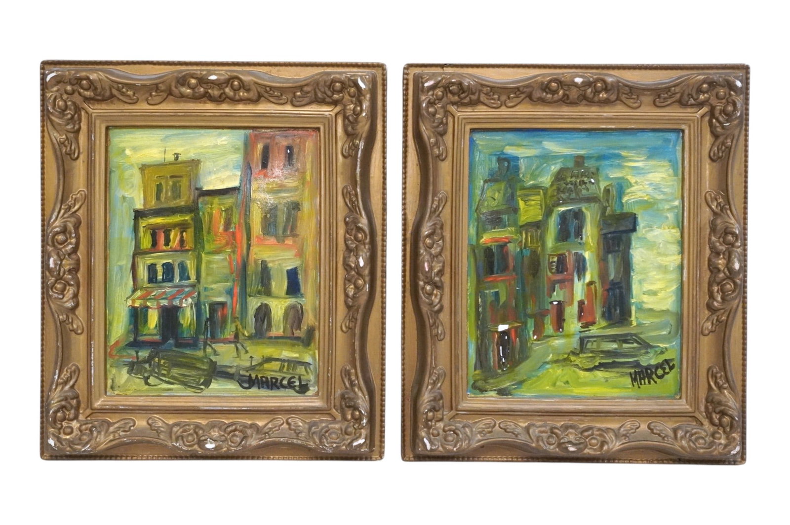 2 MCM HENRI MARCEL RABEL OIL ON CANVAS FRAMED: Pair Mid Century Modern Marcel Henri Rabel Oil on Canvas Street Scenes Washington DC, both signed. In Syrocco type Frames 12"x13"x1 1/2". Weight combined.3 lbs 3 oz. **In house shipping available on t