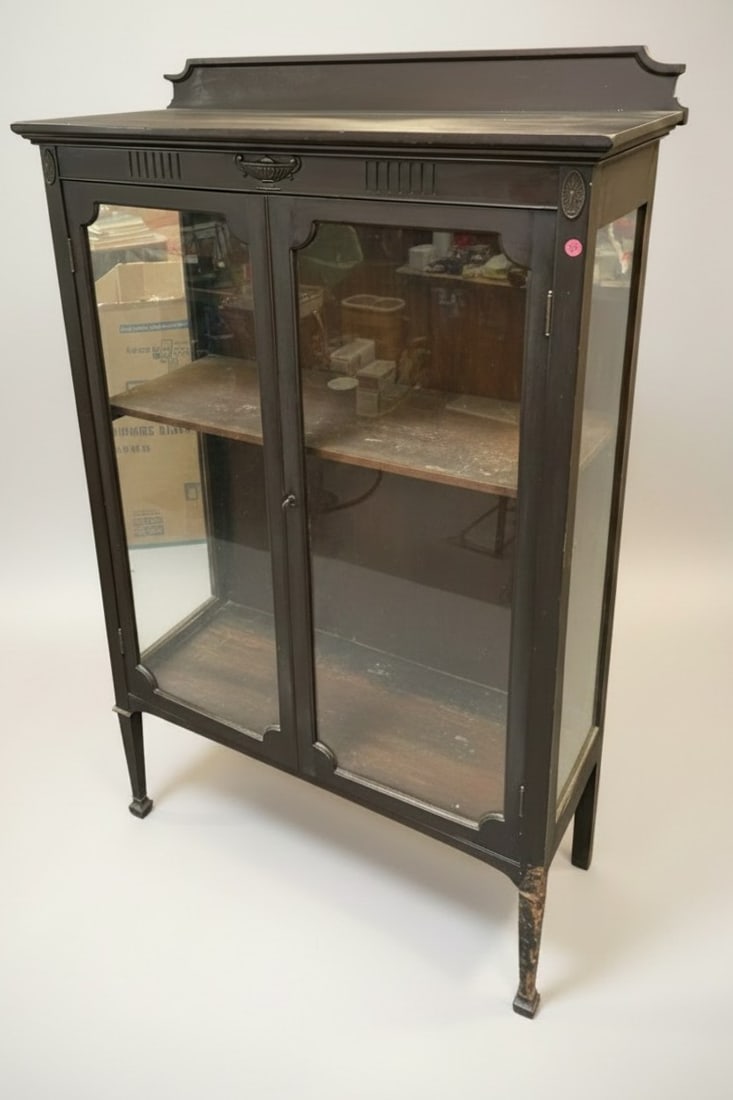 ANTIQUE 19TH C GLASS DOOR CURIO CABINET DISPLAY CASE: Antique 19th c Double Glass Door Curio Cabinet / Display Case. Measures 38" wide, 15" deep and 61" tall. PROVENANCE:The Historic 1798 John Burckmeyer House, 120 Wentworth Street, Charleston SC **In ho