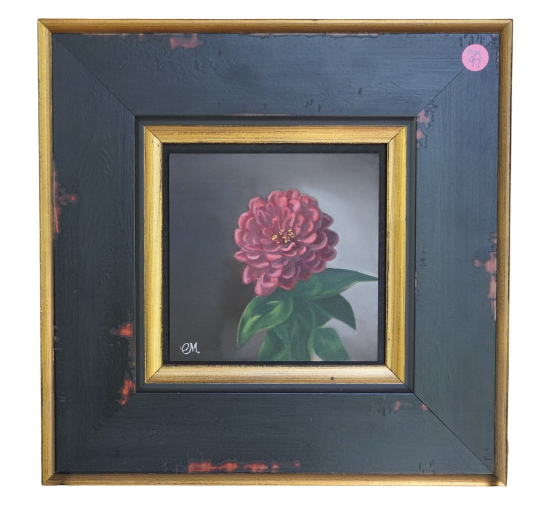 OIL ON BOARD ZINNIA SIGNED EM - SHENANDOAH VALLEY ARTIST: Original Oil on Board "Zinnia" signed EM lower left. Shenandoah Valley, Virginia artist. Professionally framed. in frame 13 1/2"x13 1/2"x1". Weight 2 lbs 10 oz. **In house shipping available on this l