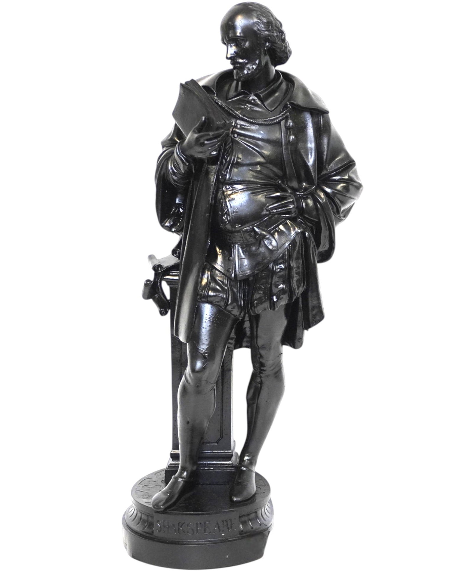LARGE SPELTER SHAKESPEARE FIGURE: Large Antique Spelter Figure of William Shakespeare. Perfect for garden or patio. He has a dent to one side of base and is older. Measures 10"x9"x29". Weight 35 pds. PROVENANCE: A Private Charleston S