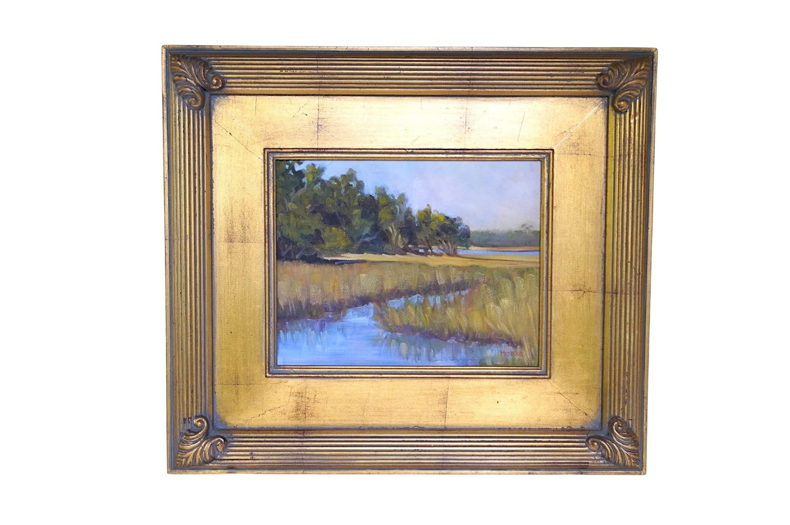 ELIZABETH MIDDOUR LOWCOUNTRY LANDSCAPE OIL ON CANVAS: Marsh Landscape by Lowcountry Artist Elizabeth Middour. Professionally framed in Gold Leaf Frame. In frame measures 17 1/2"x16"x2". Weight 4 lbs 3 oz.PROVENANCE The Historic R.M. Venning House, Charle