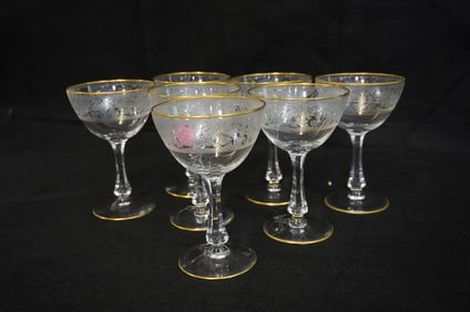 7 VINTAGE GLASTONBURY BROCADE ETCHED CHAMPAGNE GLASSES