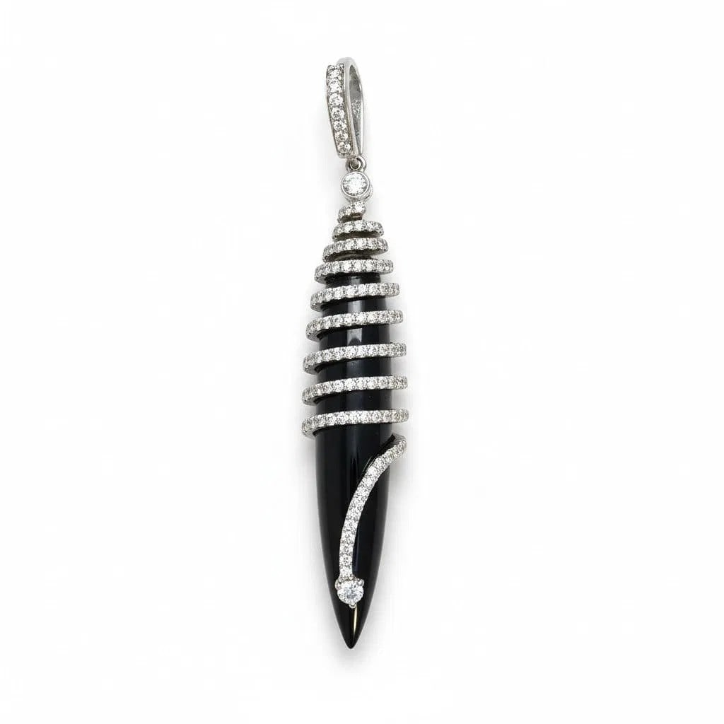 CUSTOM CONTEMPORARY 14K DIAMOND AND ONYX PENDANT: Custom Contemporary 14k Diamond and Onyx Pendant. The onyx is bullet shape appropriately 42.00 mm in length. The onyx is wrapped in 14 kt white gold with prong set with round brilliant cut white diamo