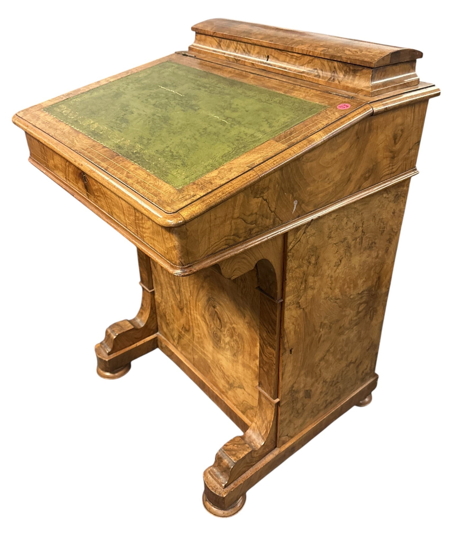 ANTIQUE ENGLISH BURL WALNUT DAVENPORT DESK: A 19th century English Victorian Period Davenport desk. Burl Walnut construction with fine inlaid detail, features an upper writing box with hinged cover, fitted interior and reticulated molding above